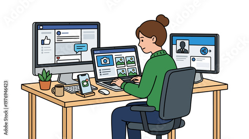 Woman working on computer with multiple screens and devices at desk