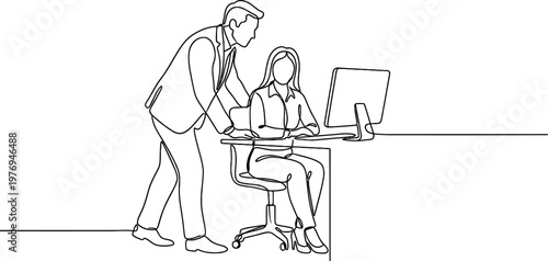 Business Team Collaborating at Office Desk Continuous One Line Drawing