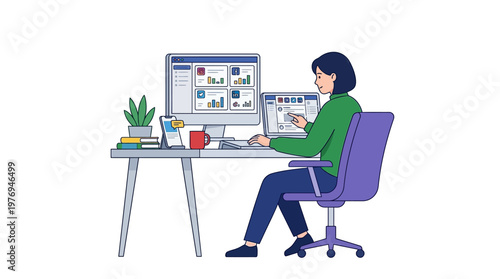 Woman working on computer with dual monitors and social media