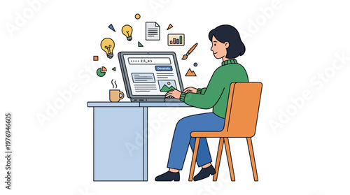 Woman works on laptop with creative ideas and data visualization