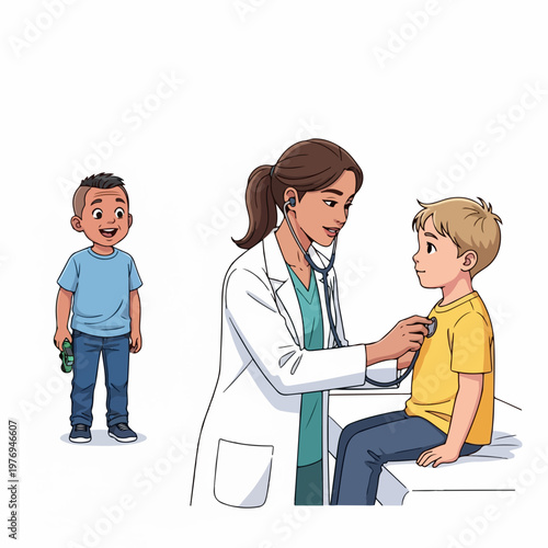 Doctor examining child with stethoscope, another boy watching, vector illustration for healthcare and pediatric care concepts.