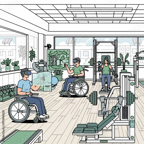 Inclusive gym workout with adaptive technology for individuals in wheelchairs using virtual reality and robotic assistance for fitness.