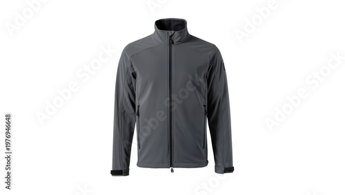 Gray Softshell Jacket with Zippers and Collar