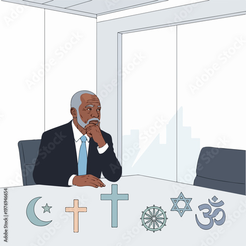 Diverse faith symbols on table with thoughtful businessman in modern office vector illustration. Religious diversity concept for corporate meeting, interfaith dialogue,