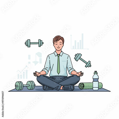 Business man meditating in lotus pose surrounded by dumbbells and fitness equipment, vector illustration for wellness and productivity.