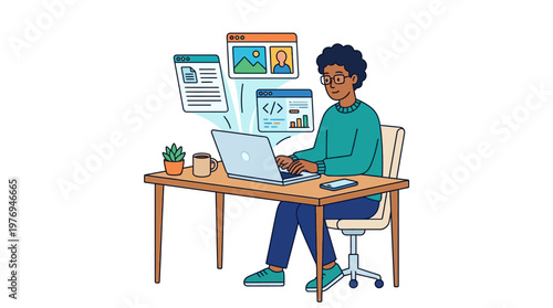 Young developer works on laptop with web design and coding elements