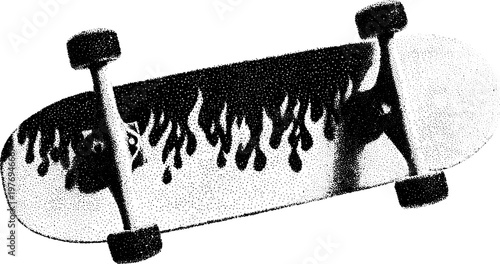 Classic skateboard with flame graphic design. Black and white vector illustration in flat style, suitable for apparel or urban art set.