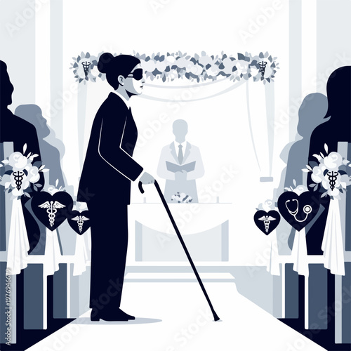 Vector illustration of a blind woman in a suit walking down aisle with cane, medical symbols on hearts adorning wedding ceremony decor. Concept of accessible healthcare and inclusive events.