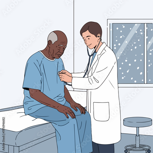Doctor examining elderly patient with stethoscope in clinic room, medical checkup illustration vector.