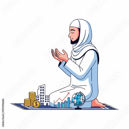 Islamic prayer vector illustration with financial growth symbols, representing faith and prosperity in business.