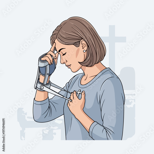 Woman with wrist brace praying for healing, vector illustration. Woman with hand injury seeking comfort and strength, faith and hope concept for recovery. Spiritual support for physical ailment,