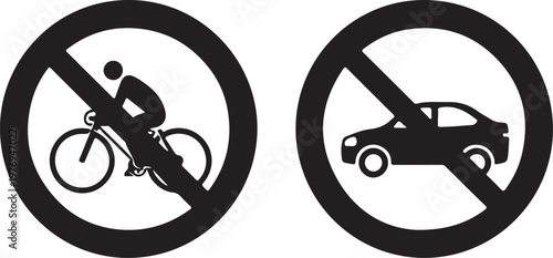 Black and white vector warning signs prohibiting bicycle and motor car traffic in designated area isolated on white background