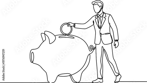 Businessman Putting Coin in Piggy Bank Continuous One Line Drawing