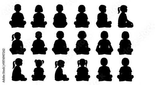 Fényképezés Children silhouettes appear in a seated meditation pose as a collection of diverse young individuals in black
