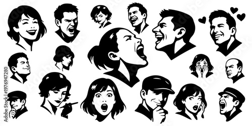 Retro comic style people faces silhouettes set. Vintage pop art men and women avatars expressing various emotions like laughing, crying and shock.