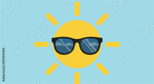 Sunny day with a smiling sun wearing sunglasses, perfect for summer holidays and warm weather activities