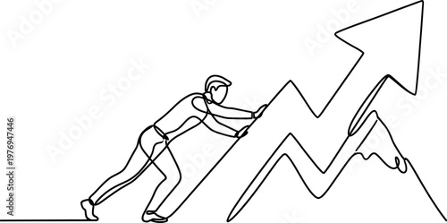 Hard Work Concept Man Pushing Graph Continuous One Line Drawing