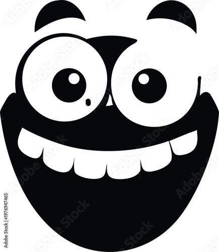 Exaggerated funny face with wide eyes and huge smile, comic expression.