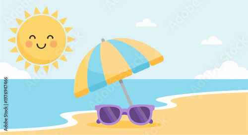 Embrace the warmth of summer with a joyful sun, vibrant beach umbrella, and cool sunglasses perfectly set on the sandy shore, inviting serene coastal relaxation and a delightful holiday escape