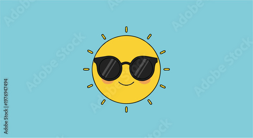 A cheerful cartoon sun wearing sunglasses, conveying a cool and summery vibe, set against a clear blue background