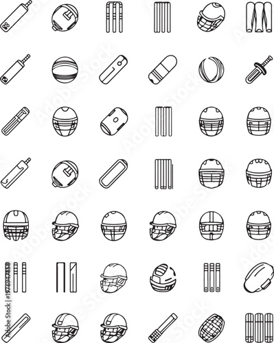 A comprehensive collection of black and white cricket equipment icons on a plain white background. isolated on white background