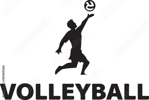 A minimalist black silhouette logo featuring an athlete jumping to hit a volleyball in midair. isolated on white background