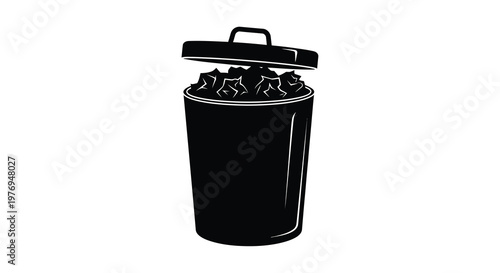 A black silhouette of a full wastebasket with an open lid suggesting discarded materials high quality