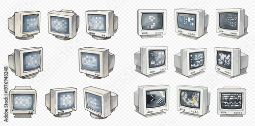 Set of vintage CRT monitors with static and retro interfaces, old technology displays in various angles.
