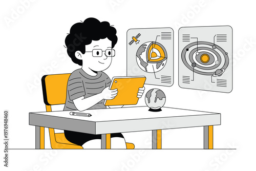 Boy Learning Geography and Space on Tablet
