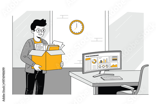 Man Carrying Files to Desk with Data Dashboard