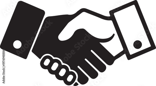 A black and white graphic illustration of a professional handshake representing a business deal. isolated on white background