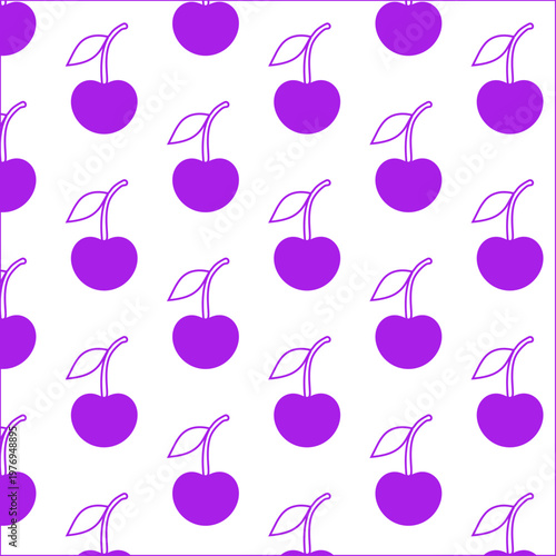Purple cherry with a white leaf on a transparent background, seamless pattern, vector