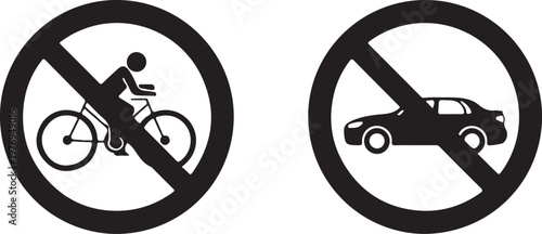 A graphic illustration showing two circular prohibition signs for bicycles and motor vehicles isolated on white background