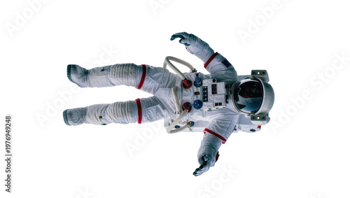 Full Astronaut Suit Floating in Space with White Helmet and Red Accents