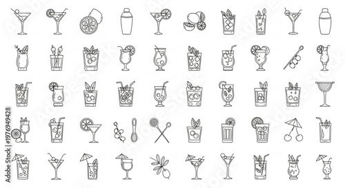 Cocktail icons showcase various mixed drinks and glasses on a table