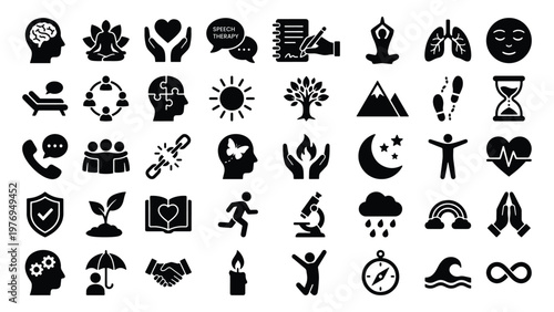  Mental Health and Wellness Glyph Icon Set for Therapy, Mindfulness App, Healthcare and Self Care Campaigns