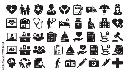 Comprehensive Healthcare and Medical Services Glyph Icon Set for Hospital, Insurance and Health Policy Design