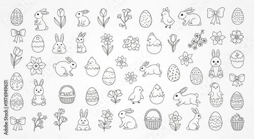 Easter celebration icons featuring bunnies, eggs, butterflies, flowers, and baskets.