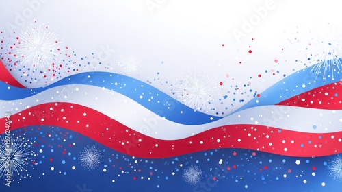 USA 4th of July Fireworks Background with Red White Blue Patriotic Waves