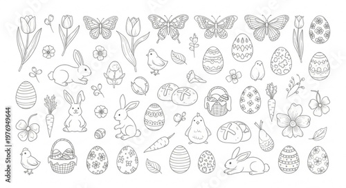 Easter celebration features bunnies, eggs, and flowers in a garden setting with various decorations.