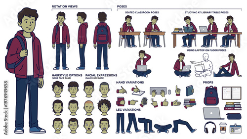 Cartoon Teenage Boy Character Constructor Sheet with Poses, Expressions and Accessories for Animation Design