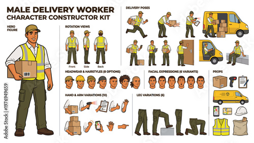 Male Delivery Worker Character Constructor Kit with Poses, Expressions and Props for Logistics App Design