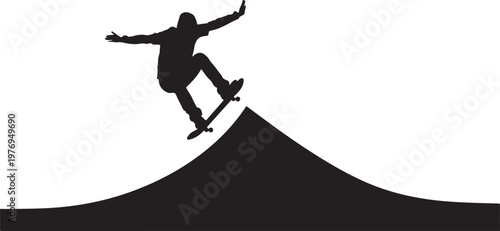 A black silhouette of a skateboarder performing a trick while jumping high off a wooden ramp. isolated on white background