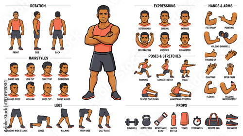  Male Fitness Character Constructor Sheet with Exercise Poses, Expressions and Gym Props for Sports App Design
