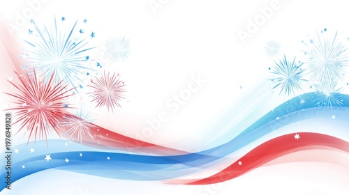 USA 4th of July Patriotic Background with Fireworks and Red White Blue Wave