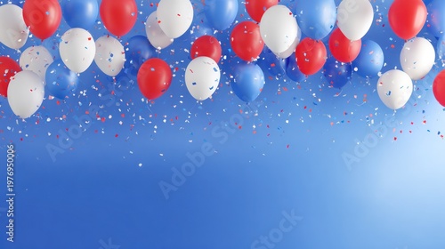 USA 4th of July Celebration Background with Red White Blue Balloons and Confetti