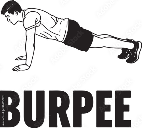 A black and white line drawing of a man performing the plank position of a burpee exercise step. isolated on white background