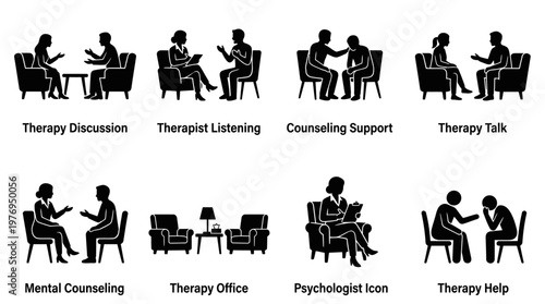 Therapy & Counseling Icons – Discussion, Listening, Support, Mental Health & Psychologist Symbols