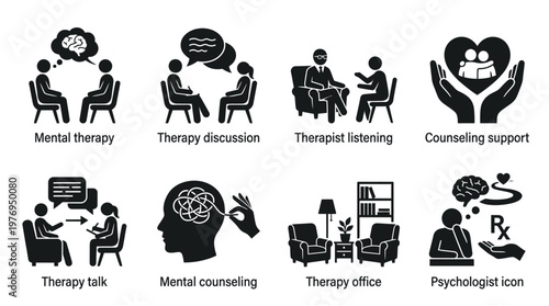 Therapy & Counseling Icons – Mental Health, Support, Psychologist & Group Session Symbols
