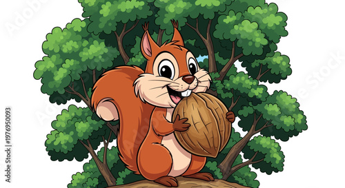 A cute cartoon squirrel holding a nut stands under a green tree on a white background, conveying a playful mood with vibrant colors.